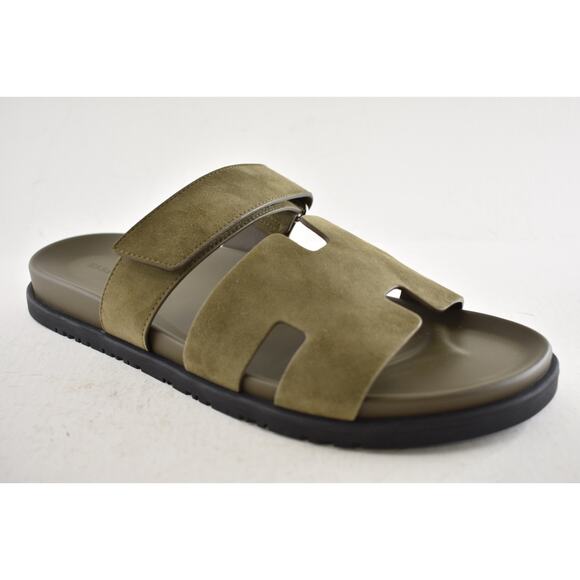 Hermes Chypre Sandal Mens Vert Toundra Green Suede Black H Logo Slide Flat 46 13 - Picture 6 of 16
